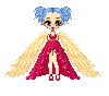 Blue haired angel in a red party dress