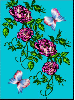 Blue and pink roses and butterflies