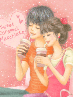 cute kawaii fashion lovers  sipping coffee