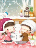 cute kawaii lil winter lovers hugging a snowman